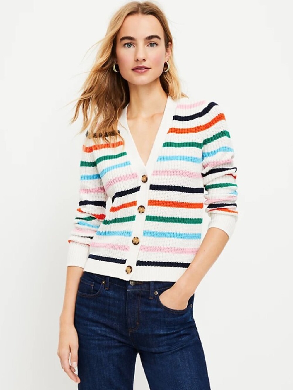 Loft | Striped V Neck Button Cardigan Size Medium
